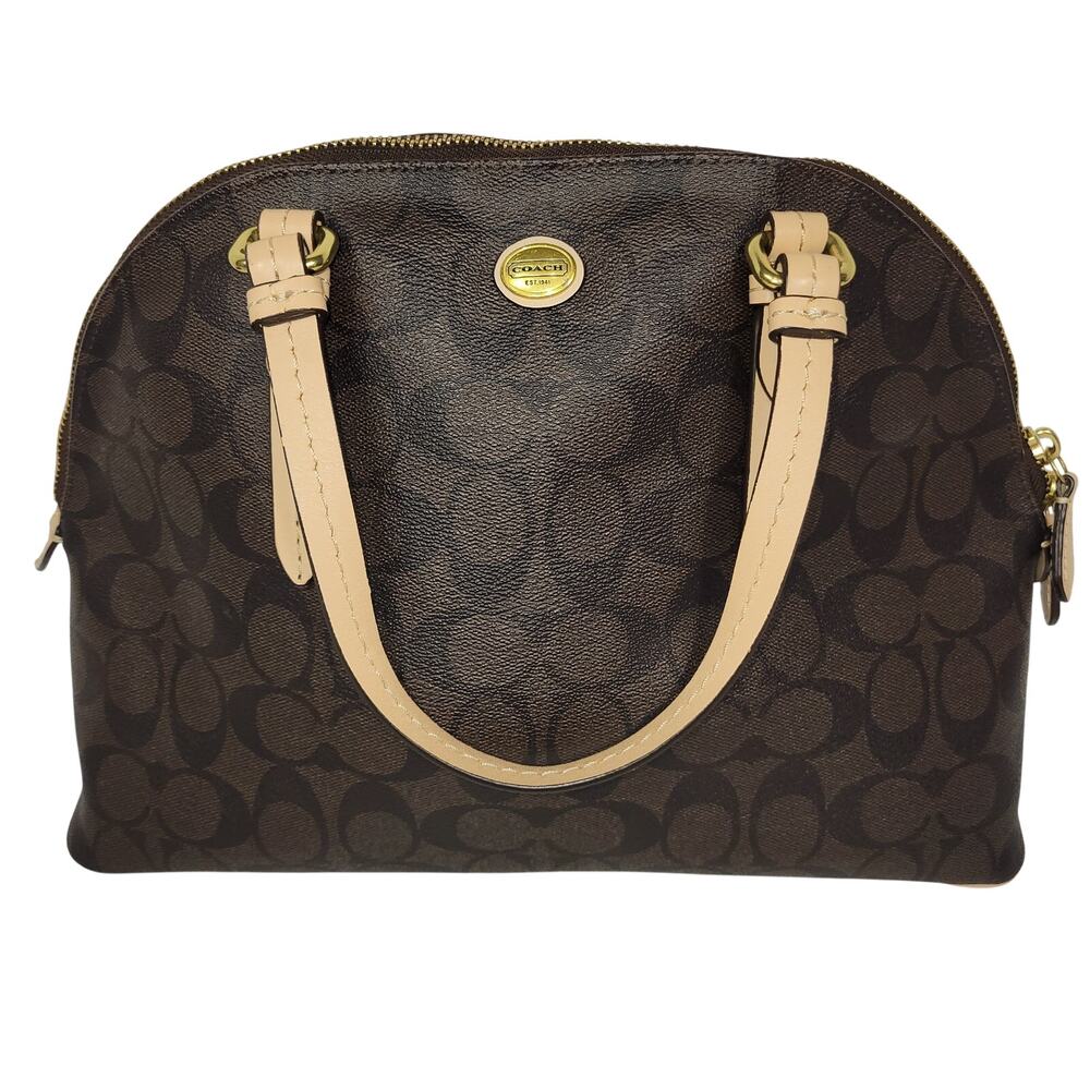 Coach Signature Peyton Cora Domed Satchel Brown Coated Canvas Leather Trim F2618